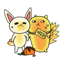 a cartoon drawing of a rabbit and a cat with chinese characters on them