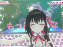 a girl in a video game is smiling and holding a microphone in front of a sign that says #azki