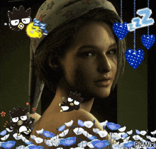 a picture of a woman surrounded by blue hearts and flowers with the words picmix on the bottom right