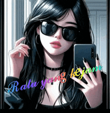a girl wearing sunglasses is taking a picture of herself in the mirror