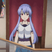 a girl with blue hair is standing in a room