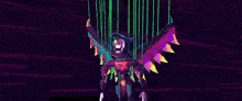 a colorful cartoon character with a triangle in his mouth is standing in front of a bunch of flags .