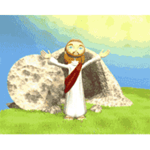 a cartoon of jesus with his arms outstretched in front of an open tomb