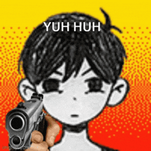 a person is pointing a gun at a cartoon character with the words yuh huh written on the bottom .