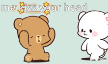 a cartoon of two teddy bears kissing each other with the words me kiss your head above them