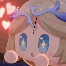 a close up of a cartoon character with antlers and hearts in the background
