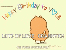 a cartoon dog is holding a basket of candy and says `` happy birthday to you '' .