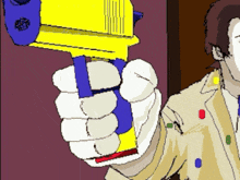 a pixel art drawing of a man holding a toy gun