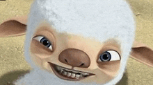 a close up of a cartoon sheep making a face .