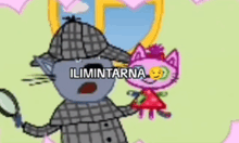 a cartoon of a cat holding a magnifying glass next to a pink cat .