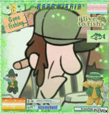 a cartoon of a man wearing a hat that says gone fishing on it