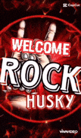 a sign that says welcome rock husky with a hand giving a peace sign