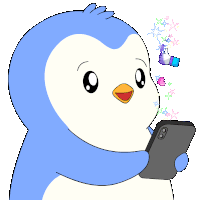 a blue and white penguin is holding a cell phone with stickers coming out of it