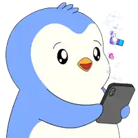 a blue and white penguin is holding a cell phone with stickers coming out of it