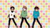 three cartoon characters are standing next to each other in front of a colorful checkered background