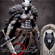 a statue of a werewolf holding a sword and shield next to a slot sign