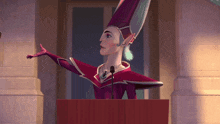 a cartoon character stands at a podium with a microphone