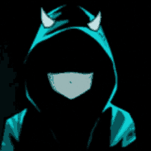 a person in a blue hoodie with horns on their head