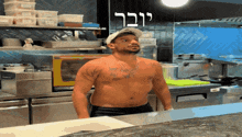 a shirtless man stands in a kitchen with a sign that says ' yuber ' on it