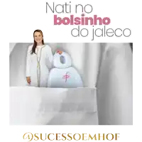 a woman in a white coat holds a white object in her pocket with the words nati no bolsinho do jaleco above her