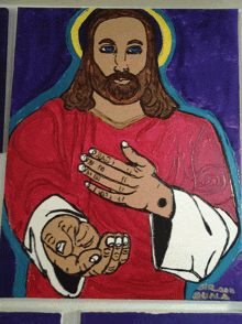 a painting of jesus has the year 2011 on the bottom right