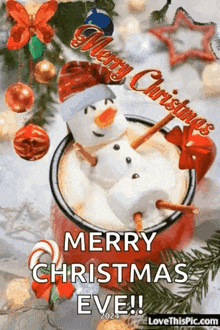 a merry christmas eve greeting card with a marshmallow snowman in a cup of hot chocolate .