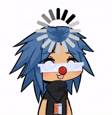 a cartoon character with blue hair wearing a red nose and glasses