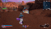 a screenshot of a video game shows a character flying through the air with a purple sword