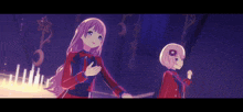 a couple of anime girls standing next to each other in a dark room
