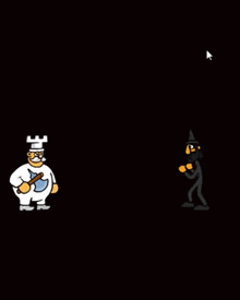 a cartoon of a man in a chef 's hat and a witch with an axe