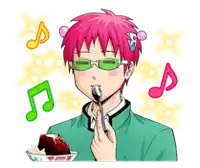 a boy with pink hair is eating a piece of cake with a fork .