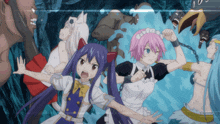 a group of anime characters including wendy and a maid are fighting each other