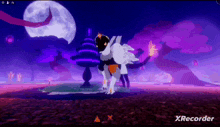 a video game character is standing in front of a full moon in a purple forest .