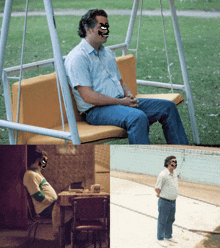 a man wearing a mask sits on a swing next to a table