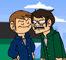 two cartoon characters are standing next to each other and one of them is making a funny face