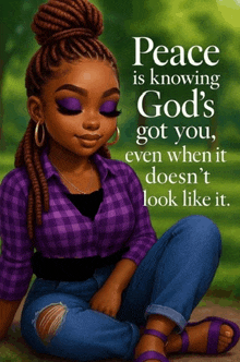 a girl in a purple plaid shirt sits on the ground