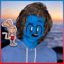 a person with a blue face and a sticker of a cartoon rabbit