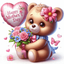 a teddy bear holding a bouquet of flowers and a happy mother 's day balloon