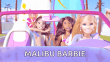 three barbie dolls are sitting in a car with the words malibu barbie written on the bottom