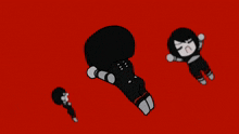 a black and white drawing of a person with a red background