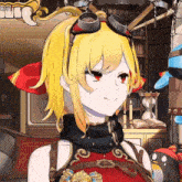 a girl with yellow hair and red eyes is wearing a goggles