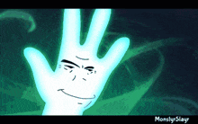 a drawing of a hand with a smiling face and the words monslyrslayr below it