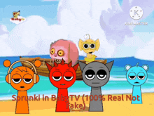 a group of cartoon characters on a beach with the words sprunki in baby tv 100 % real not fake on the bottom