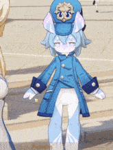 a cartoon character wearing a blue coat and a blue hat