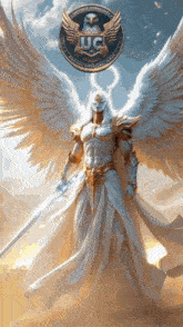 a man with white wings and a uc logo