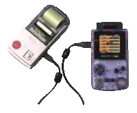 a purple game boy is plugged into a white game boy .