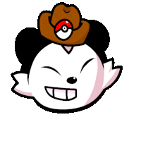 a cartoon character wearing a brown cowboy hat with a pokeball on it