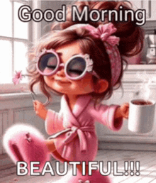 a cartoon girl in a pink robe is holding a cup of coffee and a flower .