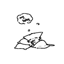 a black and white drawing of a cat laying on a pillow with a thought bubble .