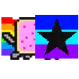 a pixel art drawing of a rainbow toaster and a black star .